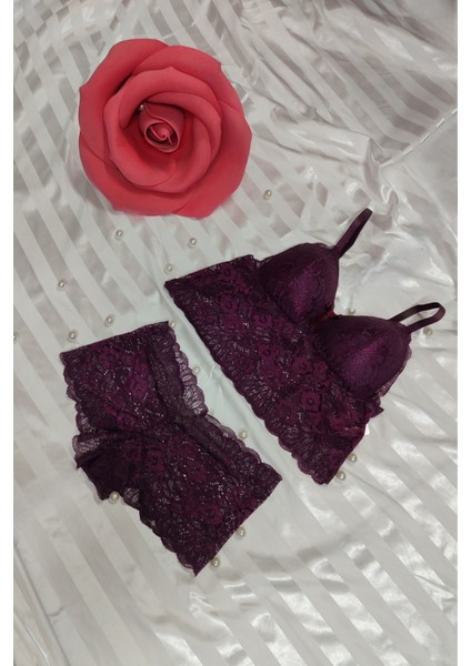 Bralet Boxer Dantel Takım Çiçek Detaylı Üçgen Sütyen Fantezi Takımı Günlük Kullanıma Uygun Push Up