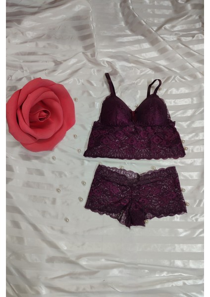 Bralet Boxer Dantel Takım Çiçek Detaylı Üçgen Sütyen Fantezi Takımı Günlük Kullanıma Uygun Push Up modelleri