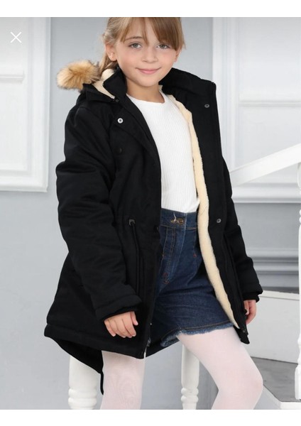 Kız Çocuk Su Geçirmez Çıkarılabilir Kapüşonlu Pelüş Kürk Astarlı Uzun Mont Kaban