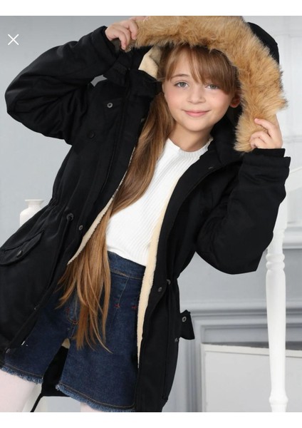 Kız Çocuk Su Geçirmez Çıkarılabilir Kapüşonlu Pelüş Kürk Astarlı Uzun Mont Kaban fiyatları