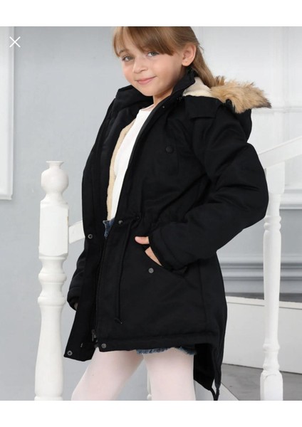 Kız Çocuk Su Geçirmez Çıkarılabilir Kapüşonlu Pelüş Kürk Astarlı Uzun Mont Kaban