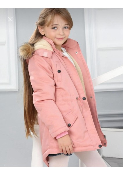 Kız Çocuk Su Geçirmez Çıkarılabilir Kapüşonlu Pelüş Kürk Astarlı Uzun Mont Kaban