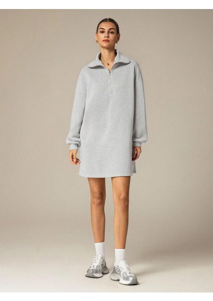 3 Iplik Şardonlu Gri Oversize Fermuarlı Tunik Sweatshirt - Günlük Spor Elbise