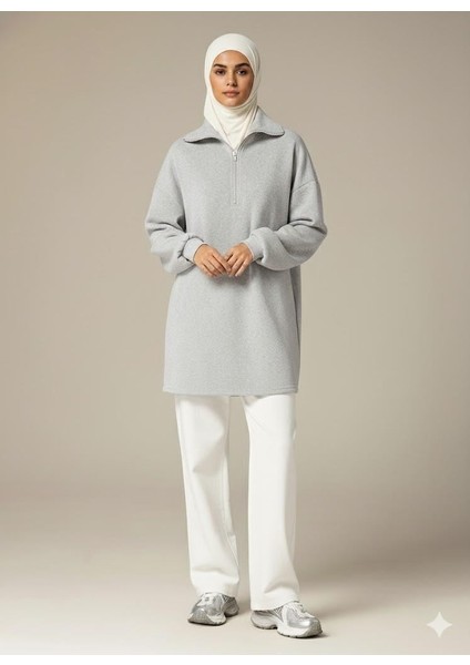 3 Iplik Şardonlu Gri Oversize Fermuarlı Tunik Sweatshirt - Günlük Spor Elbise fiyatları