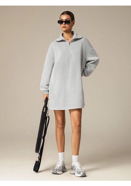 3 Iplik Şardonlu Gri Oversize Fermuarlı Tunik Sweatshirt - Günlük Spor Elbise modelleri