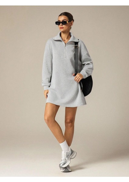 3 Iplik Şardonlu Gri Oversize Fermuarlı Tunik Sweatshirt - Günlük Spor Elbise fırsatları