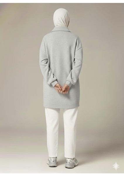 3 Iplik Şardonlu Gri Oversize Fermuarlı Tunik Sweatshirt - Günlük Spor Elbise