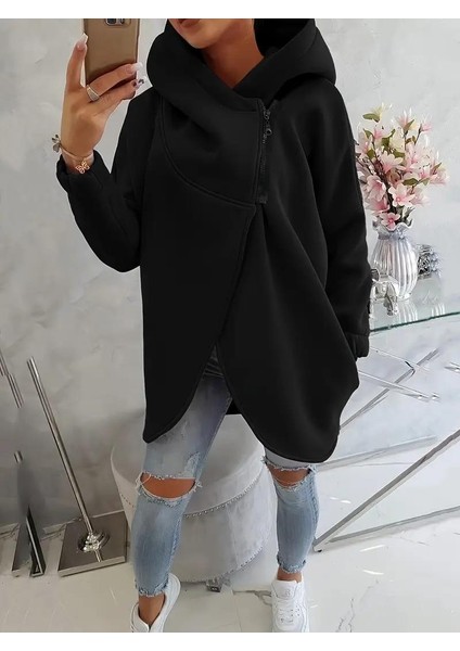 Siyah Kadın 3 Iplik Şardonlu Kapüşonlu Ceket – Asimetrik Fermuarlı Oversize