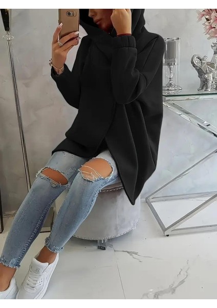 Siyah Kadın 3 Iplik Şardonlu Kapüşonlu Ceket – Asimetrik Fermuarlı Oversize fiyatları