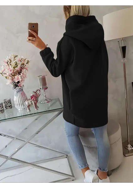 Siyah Kadın 3 Iplik Şardonlu Kapüşonlu Ceket – Asimetrik Fermuarlı Oversize indirimleri