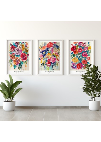 Bouquet Of Flowers - Lamine Çerçeveli 3'lü Tablo Seti