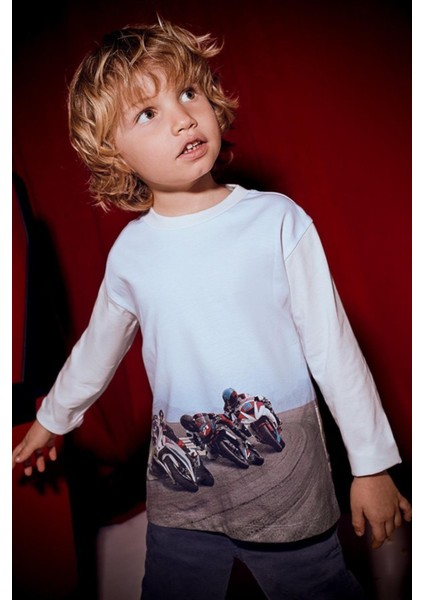 Erkek Çocuk 4-9 Yaş Motosiklet Desenli Uzun Kol T-Shirt Ekru