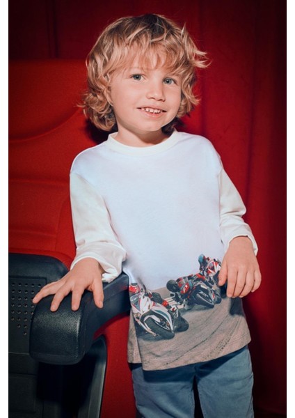 Erkek Çocuk 4-9 Yaş Motosiklet Desenli Uzun Kol T-Shirt Ekru fiyatları