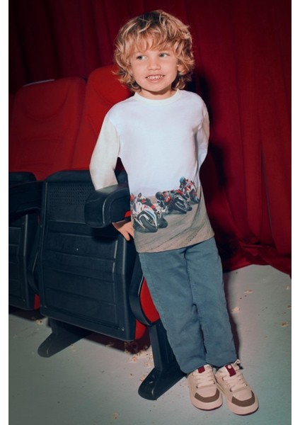 Erkek Çocuk 4-9 Yaş Motosiklet Desenli Uzun Kol T-Shirt Ekru modelleri