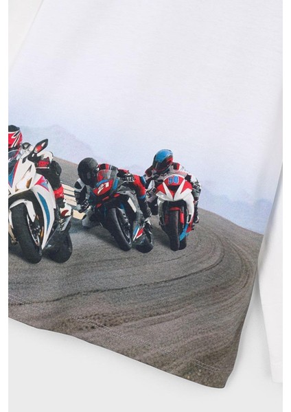 Erkek Çocuk 4-9 Yaş Motosiklet Desenli Uzun Kol T-Shirt Ekru