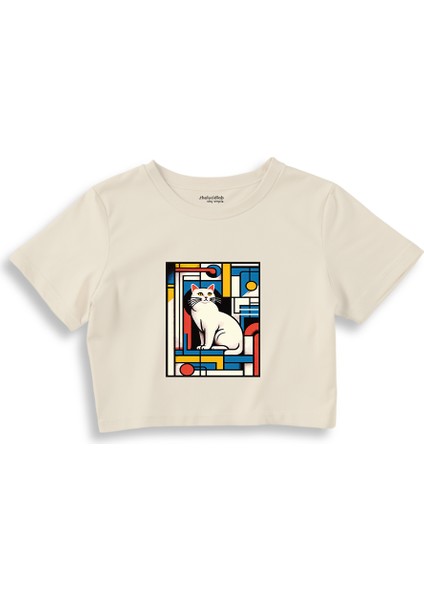 Bauhaus Cat Crop Tişört - Ekru