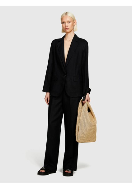 %100 Keten Tek Düğmeli Blazer Ceket Kadın Siyah Ceket - 325P2AGHLW019