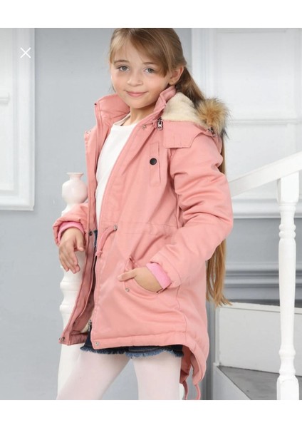 Kız Çocuk Su Geçirmez Çıkarılabilir Kapüşonlu Pelüş Kürk Astarlı Uzun Mont Kaban