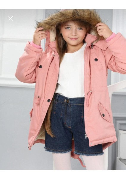 Kız Çocuk Su Geçirmez Çıkarılabilir Kapüşonlu Pelüş Kürk Astarlı Uzun Mont Kaban