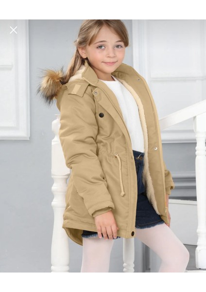 Kız Çocuk Su Geçirmez Çıkarılabilir Kapüşonlu Pelüş Kürk Astarlı Uzun Mont Kaban