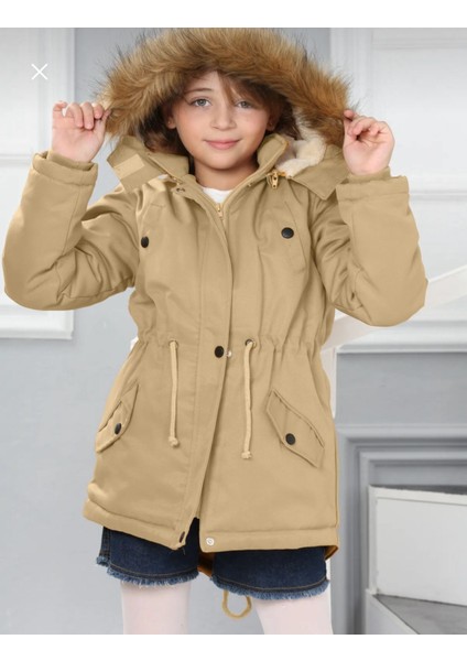 Kız Çocuk Su Geçirmez Çıkarılabilir Kapüşonlu Pelüş Kürk Astarlı Uzun Mont Kaban indirimleri