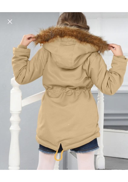Kız Çocuk Su Geçirmez Çıkarılabilir Kapüşonlu Pelüş Kürk Astarlı Uzun Mont Kaban