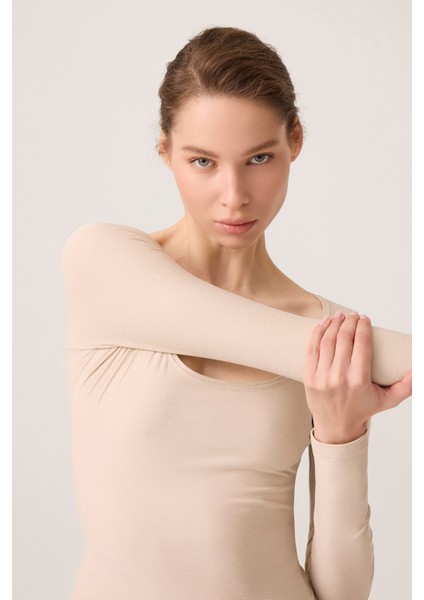 x Ece Bej Melanj Uzun Kollu U Yaka Spor Bluz Scoop Neck Top fırsatları