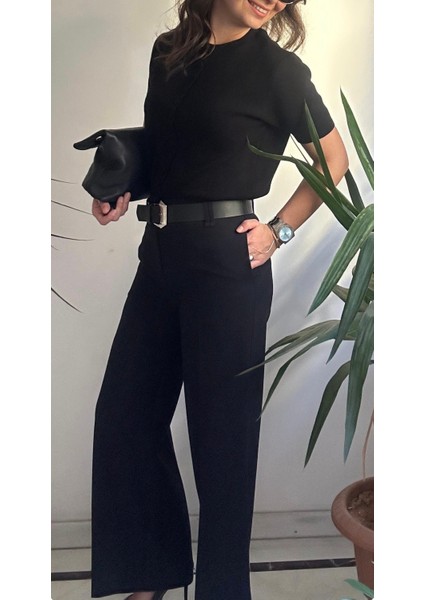 Kadın Siyah Kemerli Kumaş Pantolon modelleri