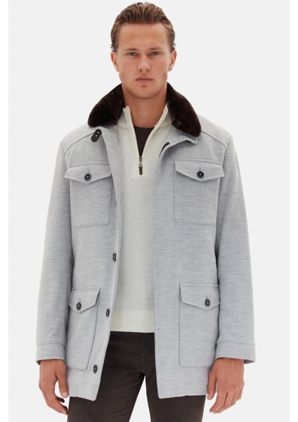 Slim Fit Gri Düz Çıkarılabilir Kürklü Kaban