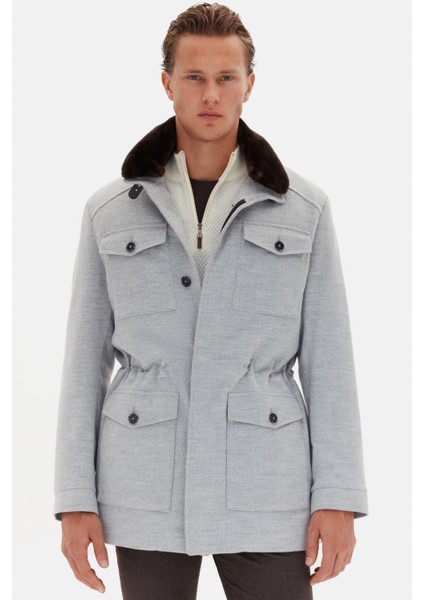 Slim Fit Gri Düz Çıkarılabilir Kürklü Kaban fiyatları