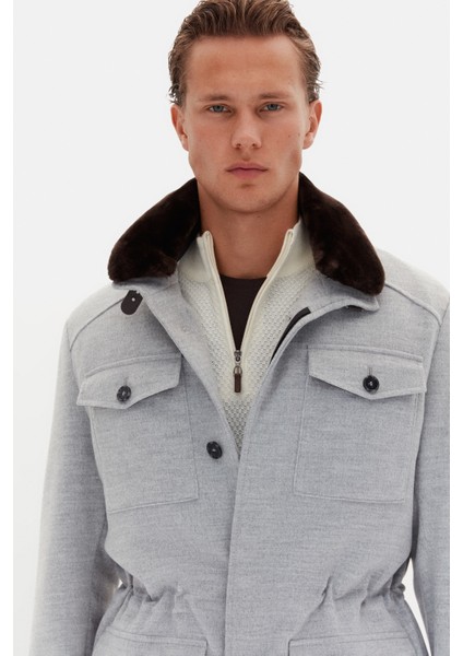 Slim Fit Gri Düz Çıkarılabilir Kürklü Kaban modelleri