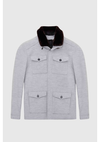 Slim Fit Gri Düz Çıkarılabilir Kürklü Kaban indirimleri