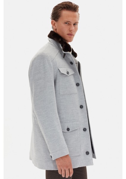 Slim Fit Gri Düz Çıkarılabilir Kürklü Kaban