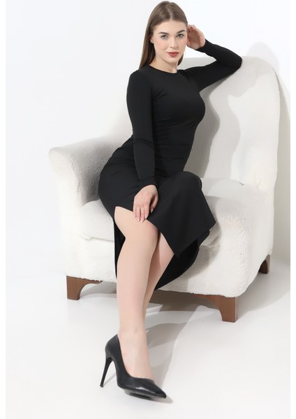 Siyah Basic Yarım Balıkçı Bisiklet Yaka Uzun Kollu Elbise Yırtmaçlı