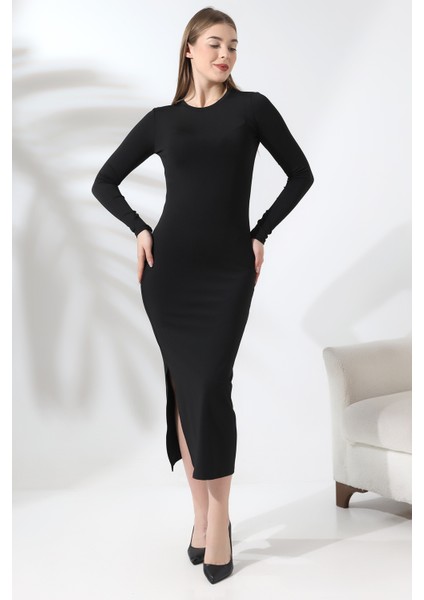 Siyah Basic Yarım Balıkçı Bisiklet Yaka Uzun Kollu Elbise Yırtmaçlı fiyatları