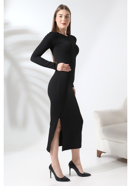 Siyah Basic Yarım Balıkçı Bisiklet Yaka Uzun Kollu Elbise Yırtmaçlı modelleri