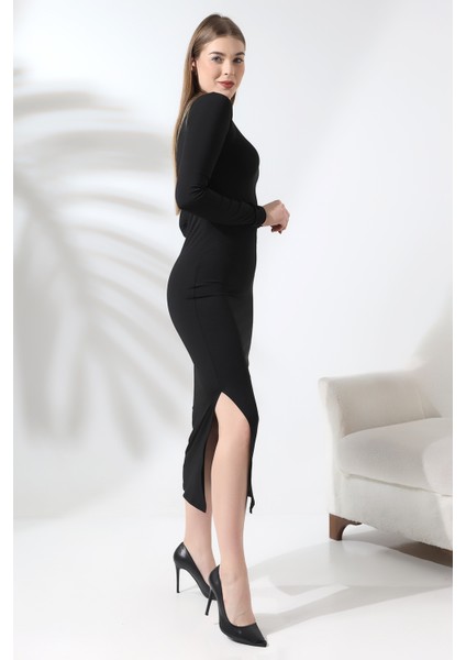 Siyah Basic Yarım Balıkçı Bisiklet Yaka Uzun Kollu Elbise Yırtmaçlı fırsatları