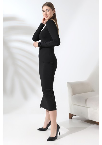 Siyah Basic Yarım Balıkçı Bisiklet Yaka Uzun Kollu Elbise Yırtmaçlı