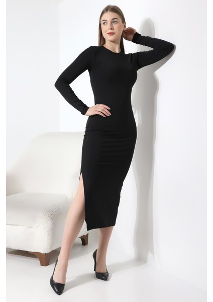 Siyah Basic Yarım Balıkçı Bisiklet Yaka Uzun Kollu Elbise Yırtmaçlı