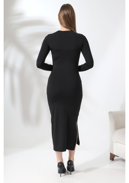 Siyah Basic Yarım Balıkçı Bisiklet Yaka Uzun Kollu Elbise Yırtmaçlı