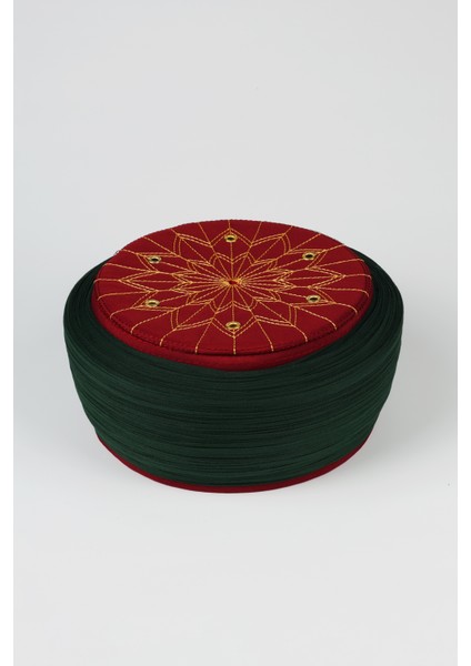 Talebe Sarığı - Yeşil Kumaş - Bordo Takke - Düz Sarım - Kuş Gözü - 5 Metre