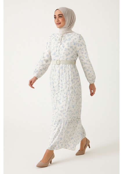 Tesettür Mini Çiçekli Kemerli Kloş Elbise