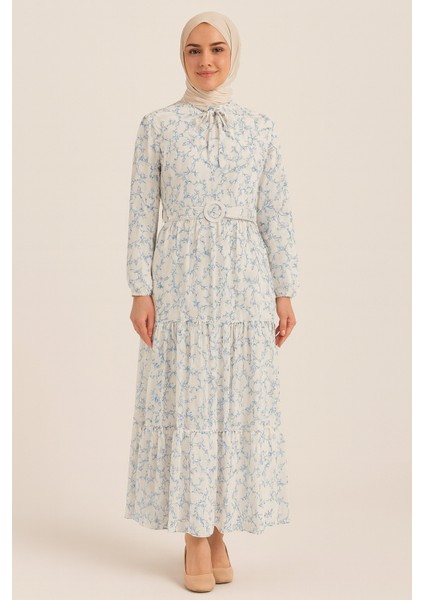 Tesettür Mini Çiçekli Kemerli Kloş Elbise fiyatları