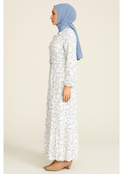 Tesettür Mini Çiçekli Kemerli Kloş Elbise modelleri