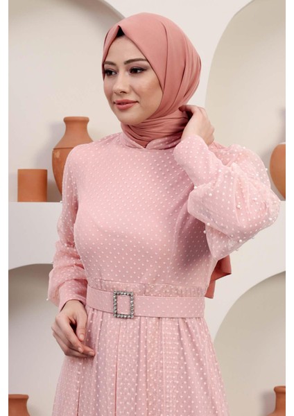 Kemeri Taşlı Tül Abiye Pudra 12242 fiyatları