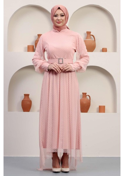 Kemeri Taşlı Tül Abiye Pudra 12242 modelleri