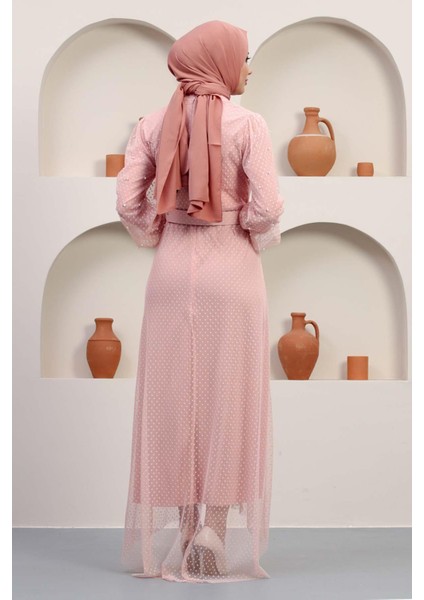 Kemeri Taşlı Tül Abiye Pudra 12242 indirimleri