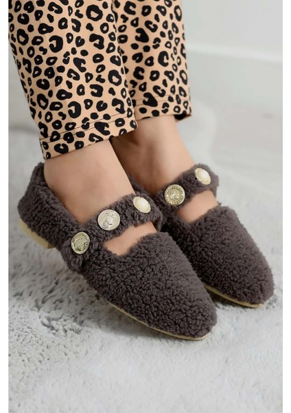 Kadın Inci ve Tuğra Detaylı Peluş Babet - Füme - 36