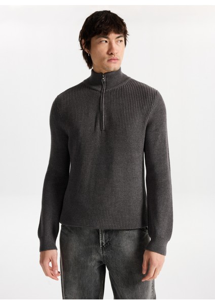 Fermuarlı Yaka Normal Örgü Desenli Koyu Gri Erkek Kazak M4WM-KZK-1813 fiyatları