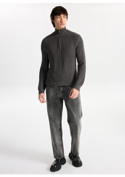 Fermuarlı Yaka Normal Örgü Desenli Koyu Gri Erkek Kazak M4WM-KZK-1813 modelleri